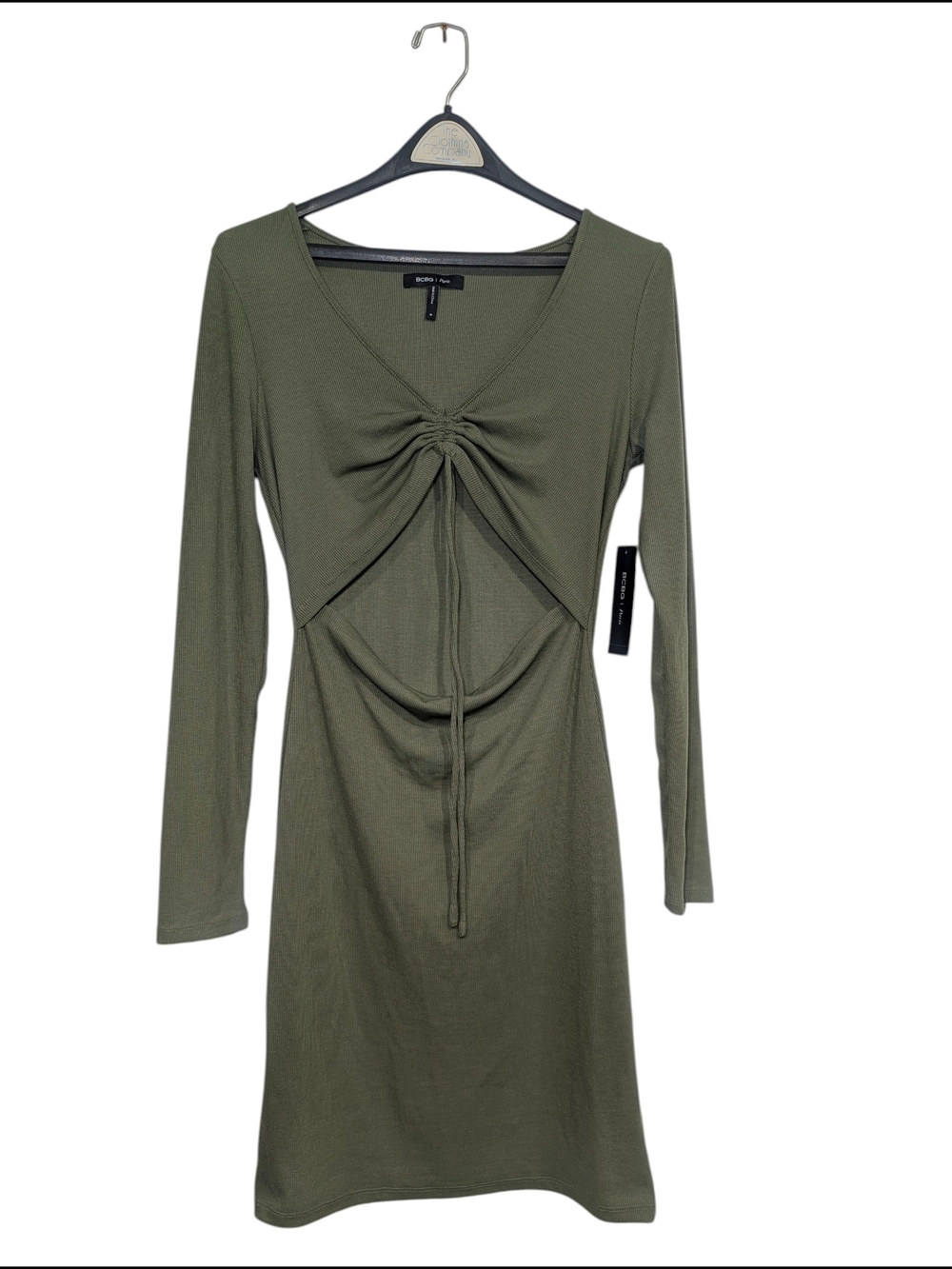 BCBG Paris Women's Med Dress Olive Green Long Sleeve Ribbed Cutout Front Midi